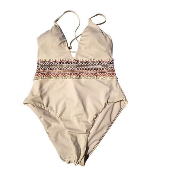 Smocking Solids White Swimwear With Multicolor Waist Detail Halter Style Medium - Picture 3 of 11